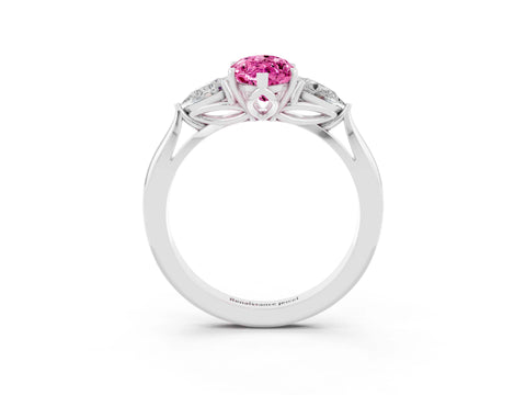White gold Marquise Cut Pink Sapphire Three-Stone Ring with Pear Side Stones and Four-Prong Setting_15