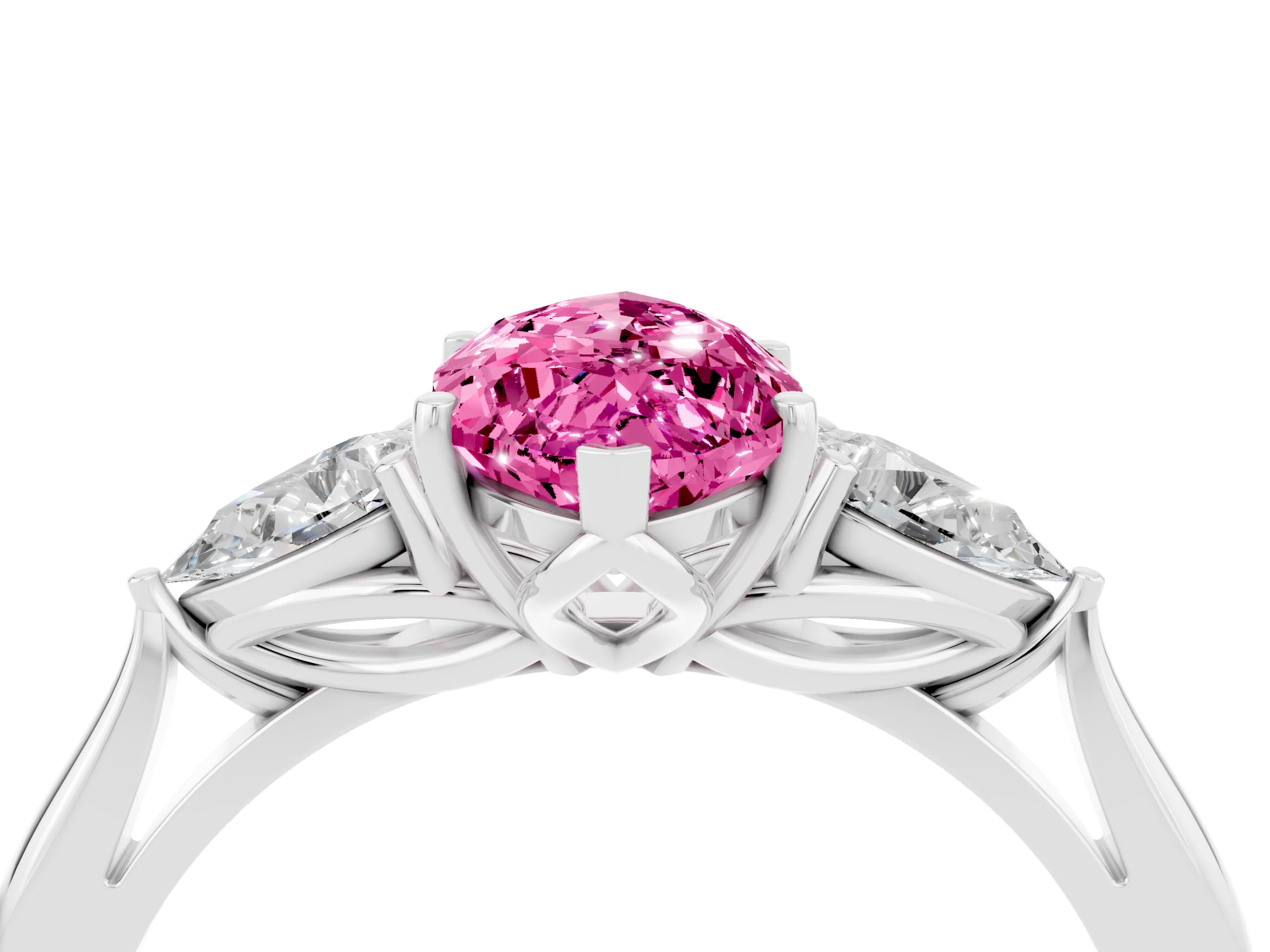 White gold Marquise Cut Pink Sapphire Three-Stone Ring with Pear Side Stones and Four-Prong Setting_16