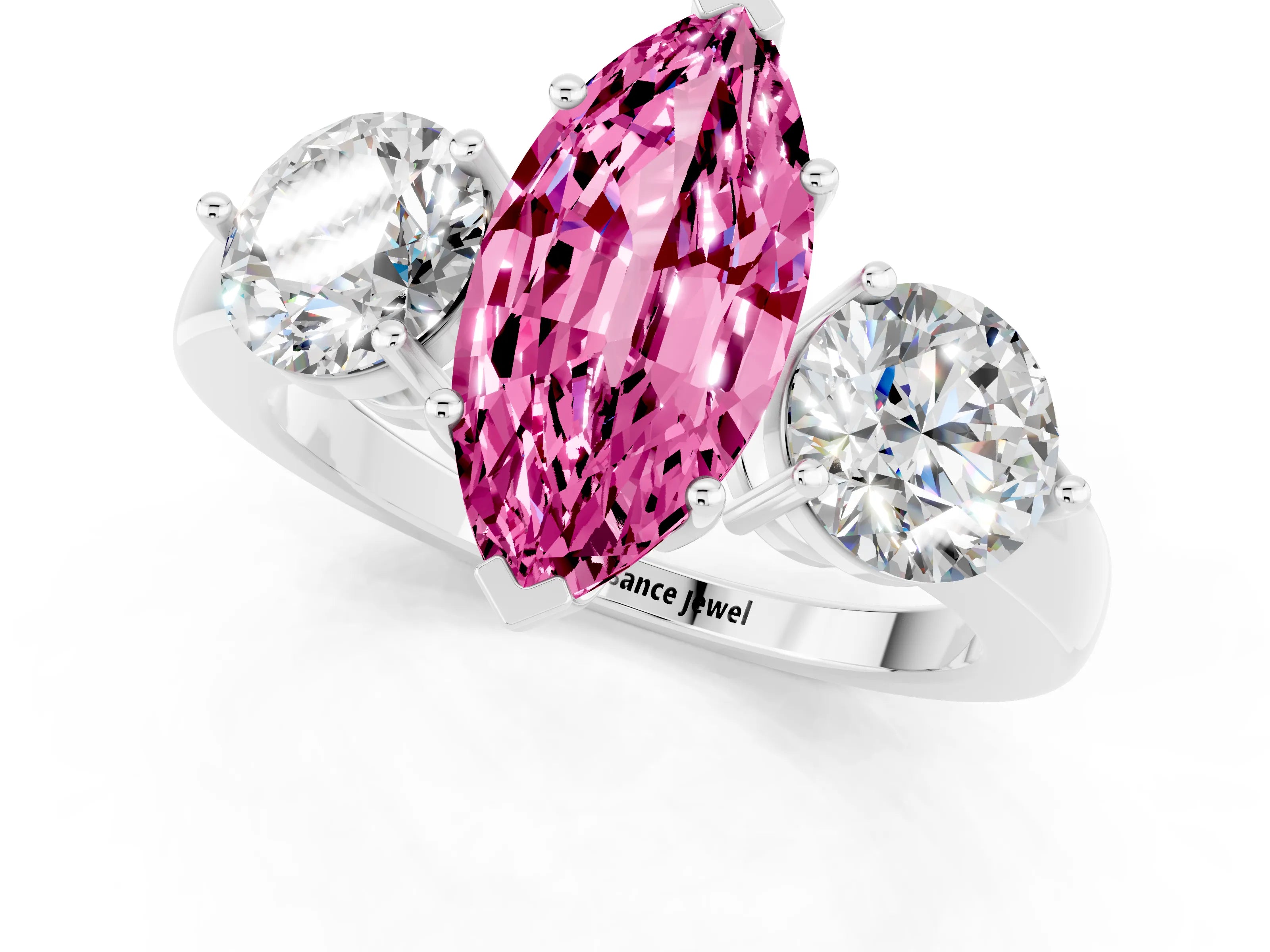 White gold Marquise Cut Pink Sapphire Three-Stone Ring with Prong Setting and Classic Band_1
