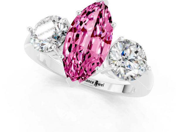 White gold Marquise Cut Pink Sapphire Three-Stone Ring with Prong Setting and Classic Band