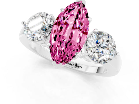 White gold Marquise Cut Pink Sapphire Three-Stone Ring with Prong Setting and Classic Band_1