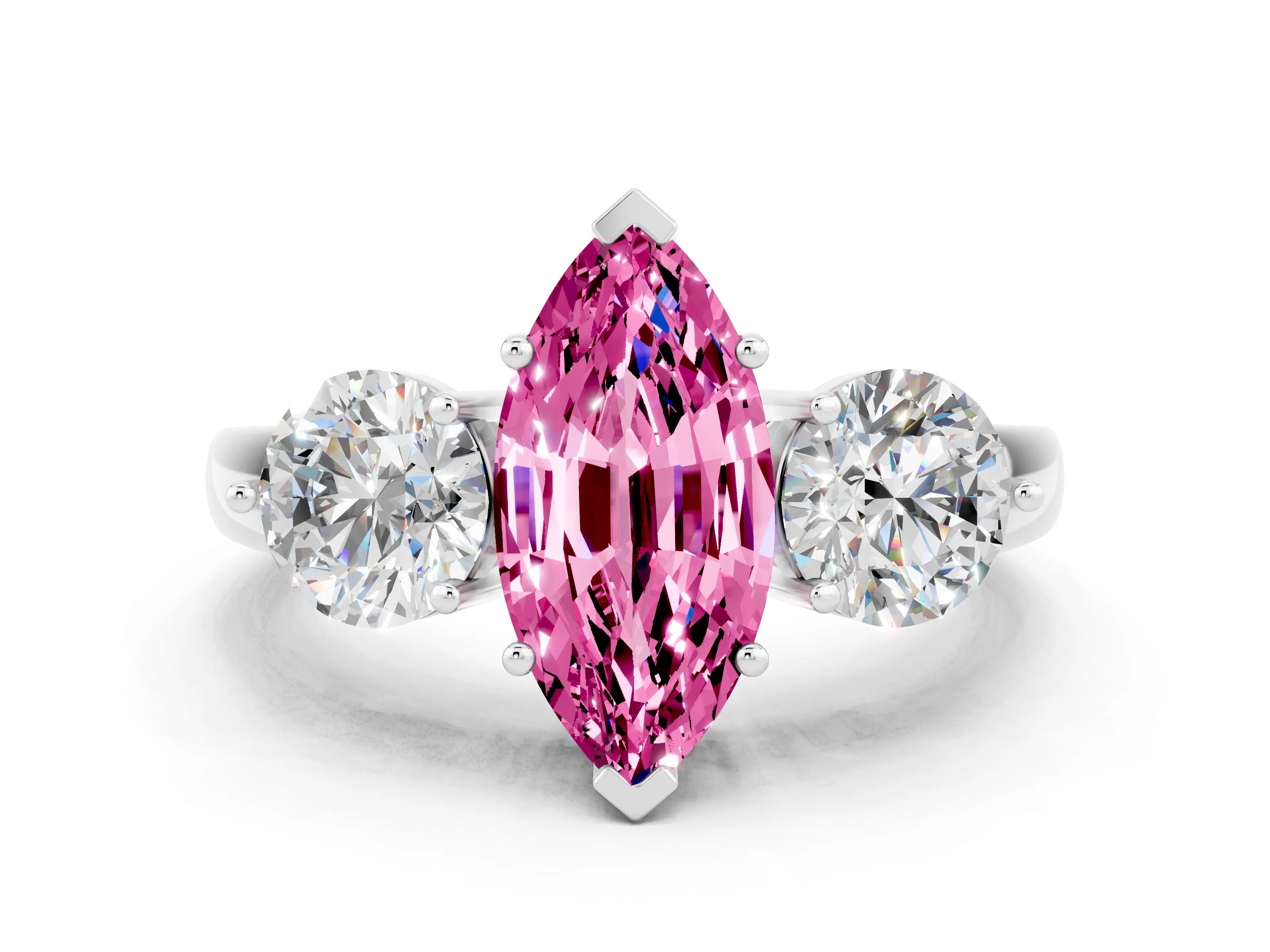 White gold Marquise Cut Pink Sapphire Three-Stone Ring with Prong Setting and Classic Band