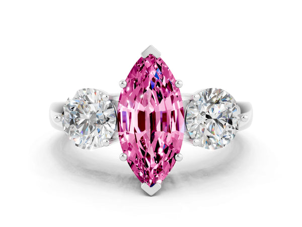 White gold Marquise Cut Pink Sapphire Three-Stone Ring with Prong Setting and Classic Band