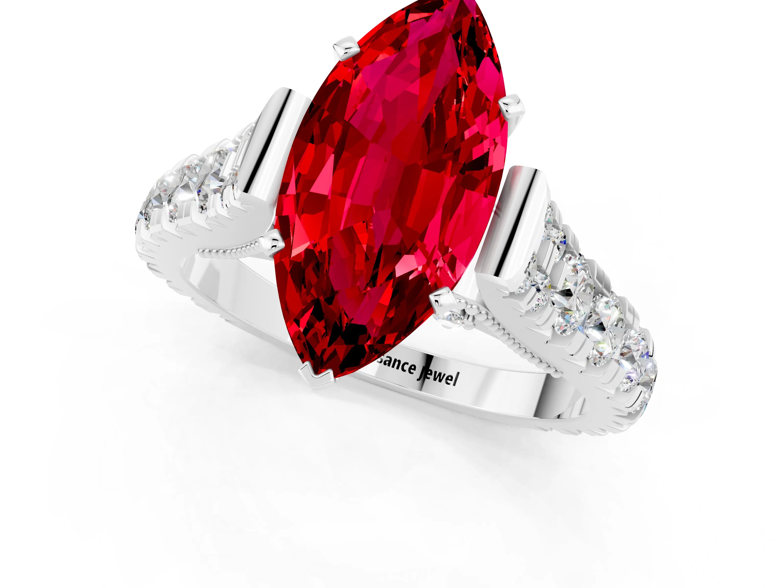 White gold Marquise Cut Ruby Classic Solitaire Ring with Pavé Band and Four-Prong Setting_1