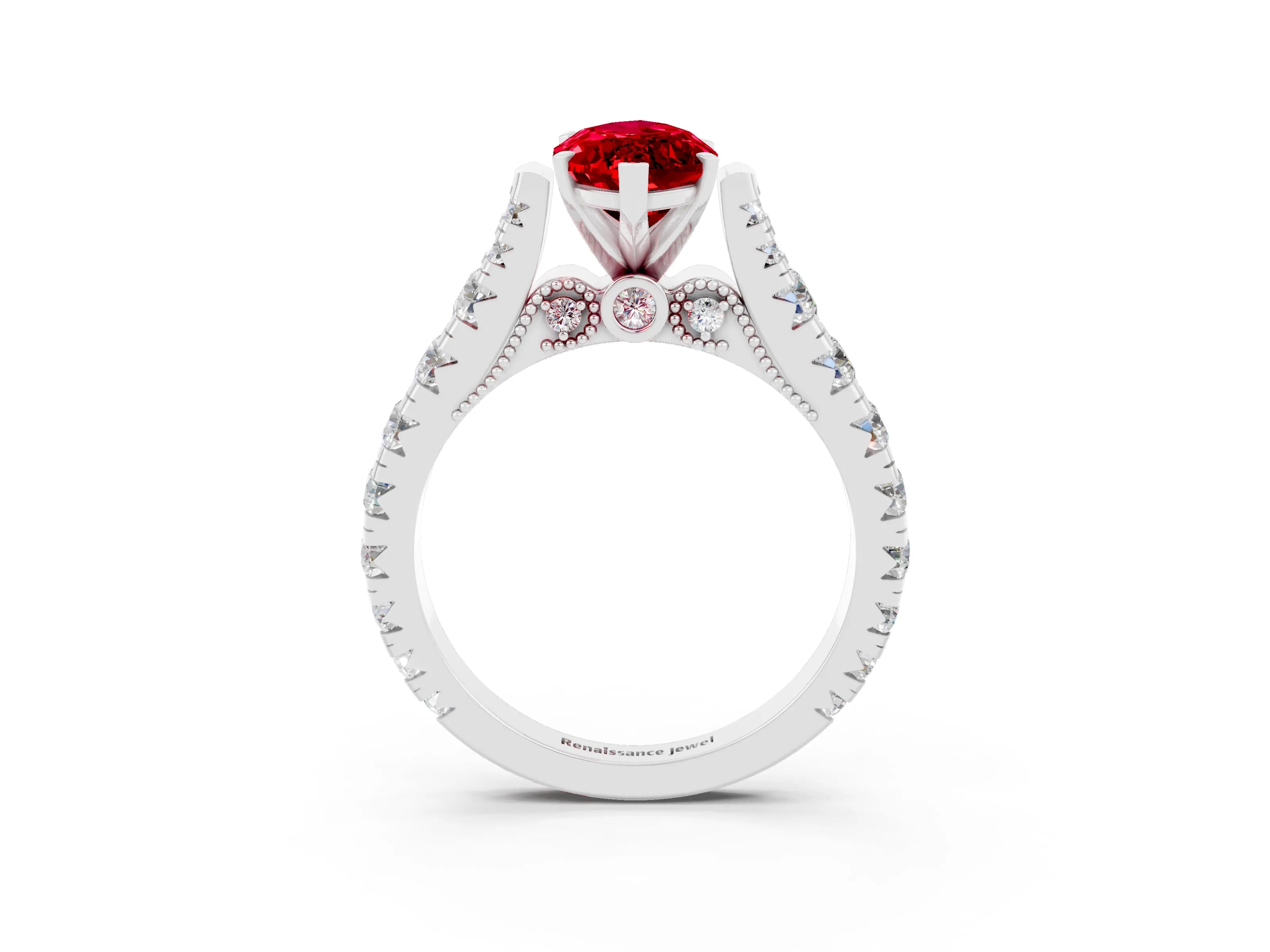 White gold Marquise Cut Ruby Classic Solitaire Ring with Pavé Band and Four-Prong Setting_3