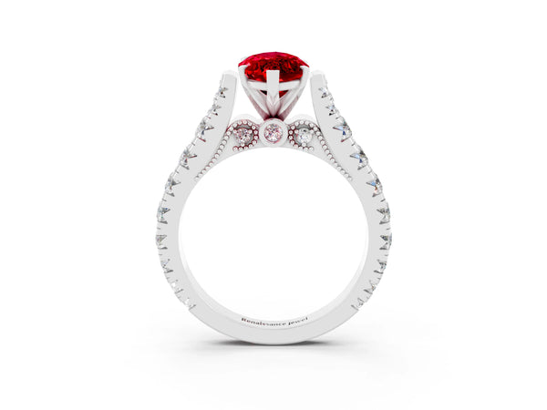 White gold Marquise Cut Ruby Classic Solitaire Ring with Pavé Band and Four-Prong Setting