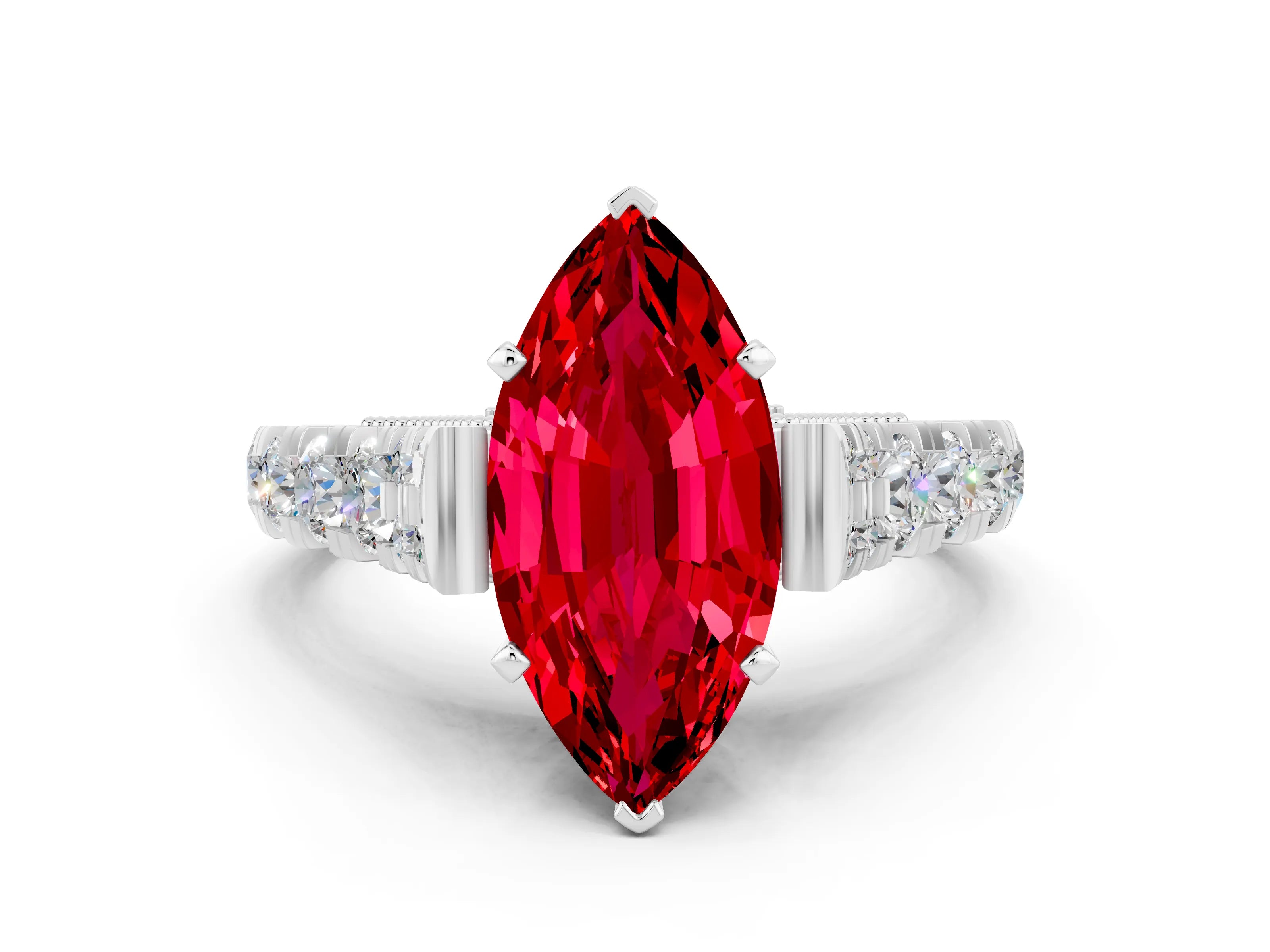 White gold Marquise Cut Ruby Classic Solitaire Ring with Pavé Band and Four-Prong Setting