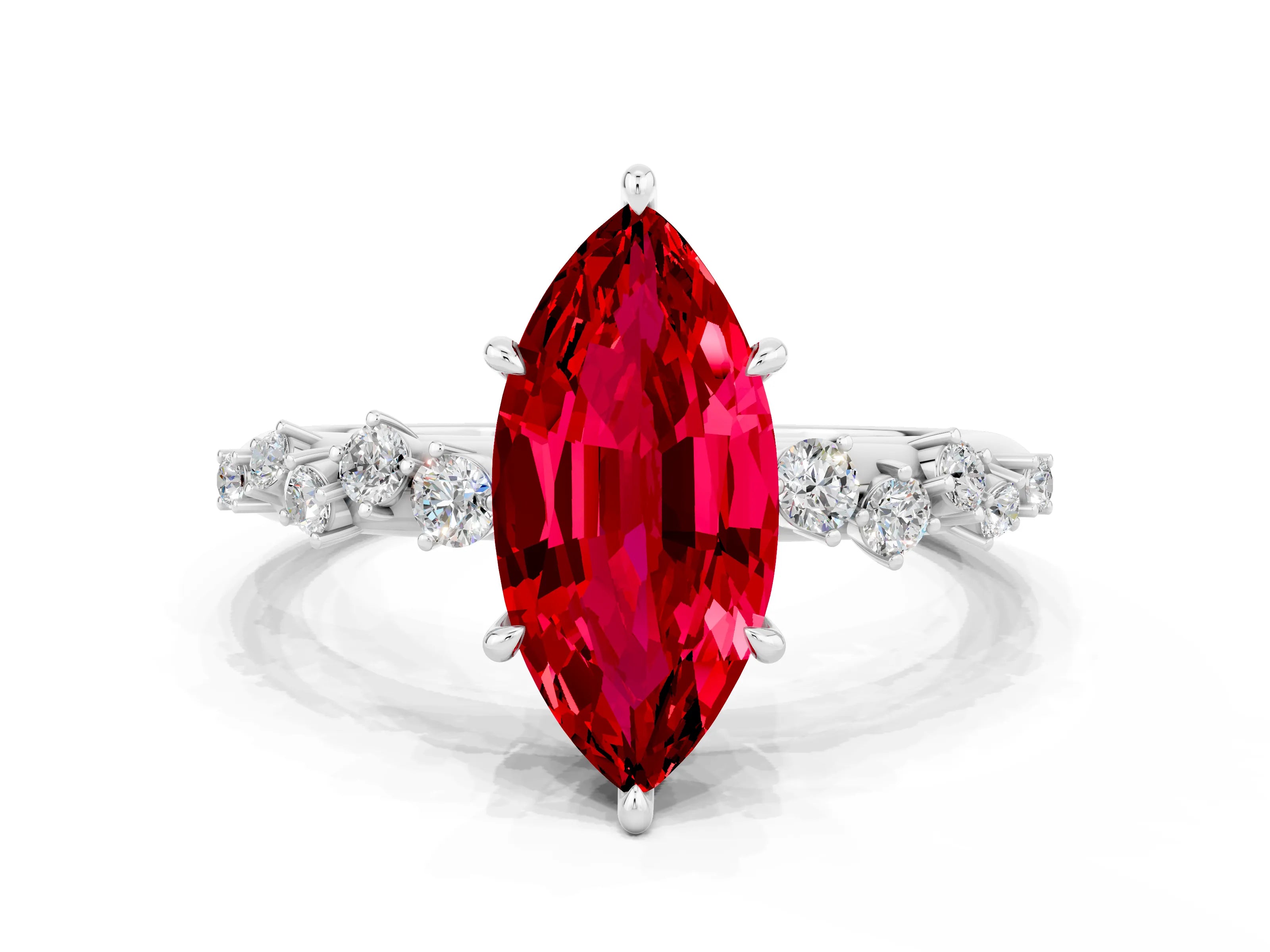 White gold Marquise Cut Ruby Cluster Side Stone Solitaire Ring with Prong Setting_24