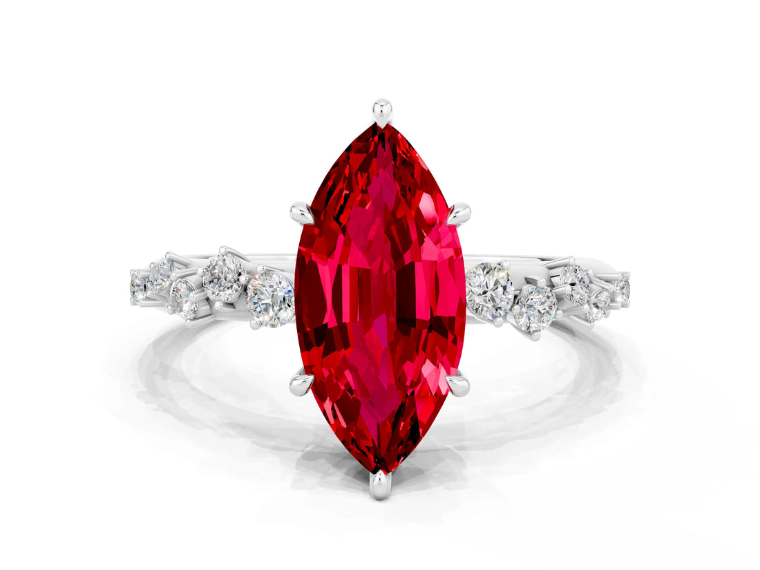 White gold Marquise Cut Ruby Cluster Side Stone Solitaire Ring with Prong Setting_24