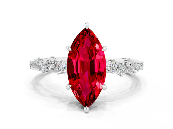 White gold Marquise Cut Ruby Cluster Side Stone Solitaire Ring with Prong Setting