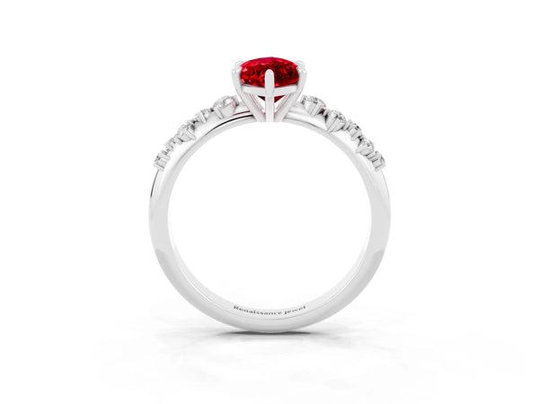 Silver Marquise Cut Ruby Cluster Side Stone Solitaire Ring with Prong Setting