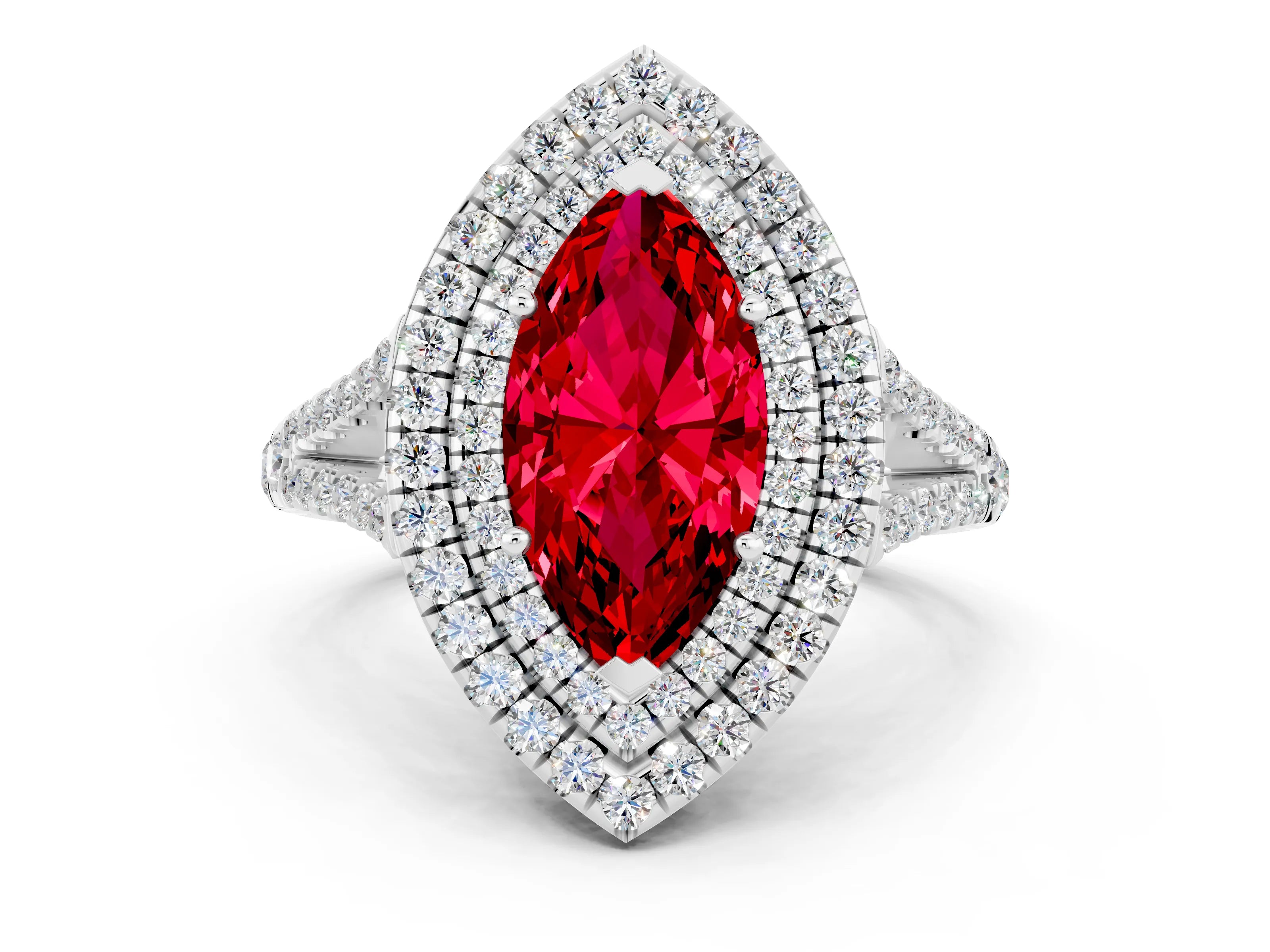 White gold Marquise Cut Ruby Double Halo Ring with Pavé Band and Prong Setting_12