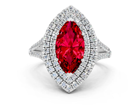 White gold Marquise Cut Ruby Double Halo Ring with Pavé Band and Prong Setting_12