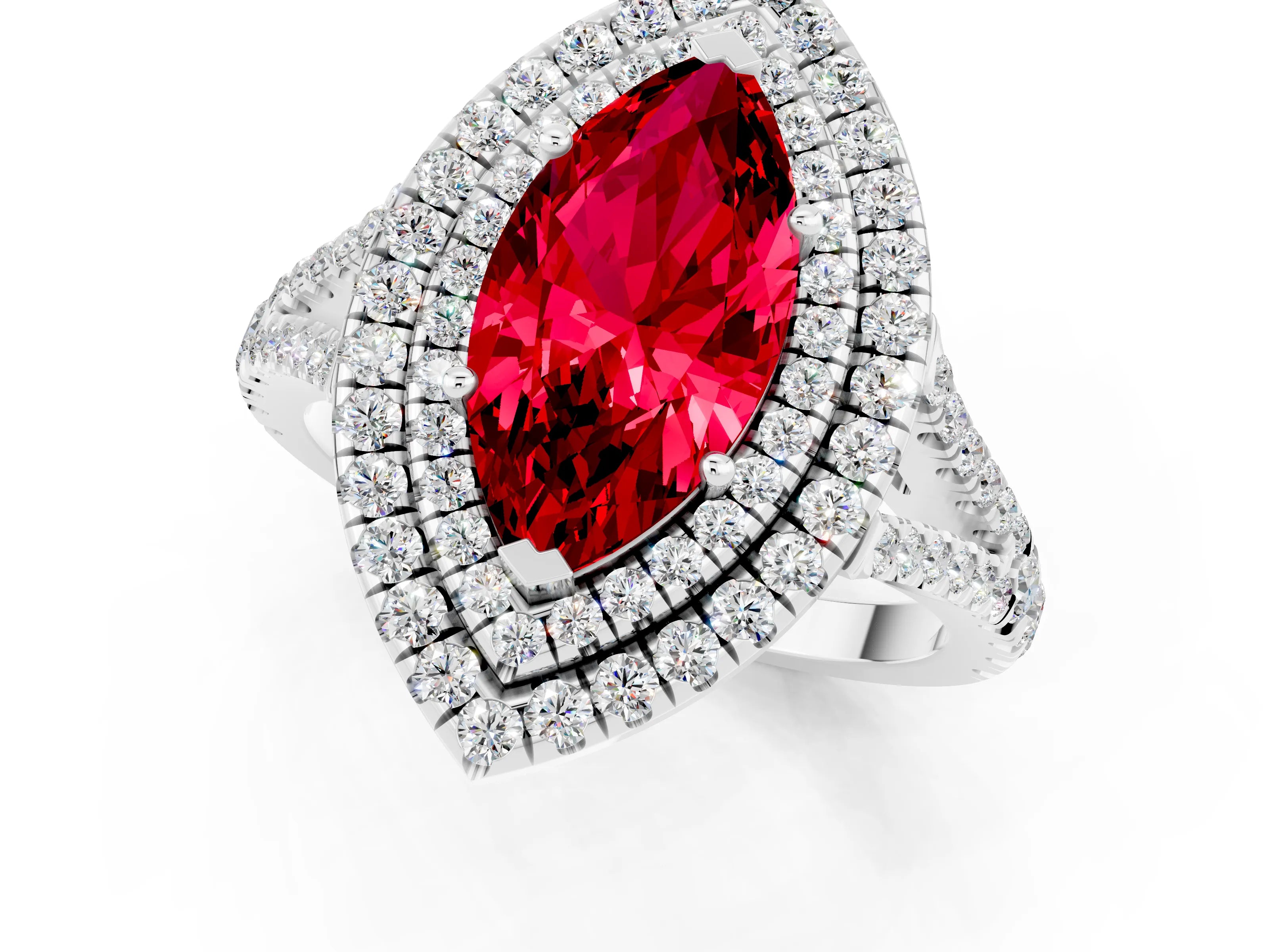 White gold Marquise Cut Ruby Double Halo Ring with Pavé Band and Prong Setting_13