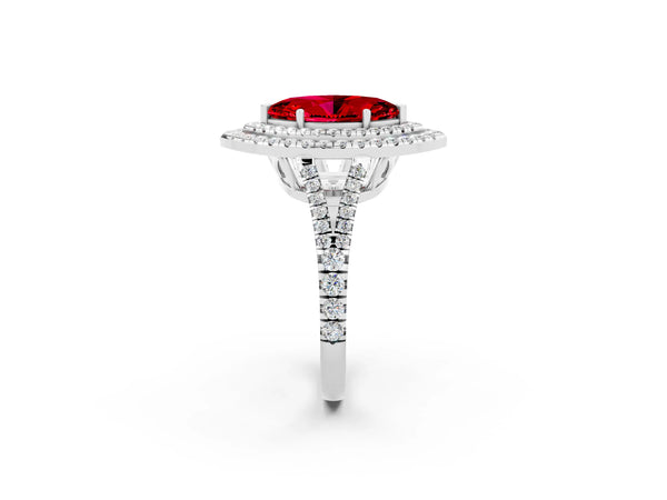 White gold Marquise Cut Ruby Double Halo Ring with Pavé Band and Prong Setting