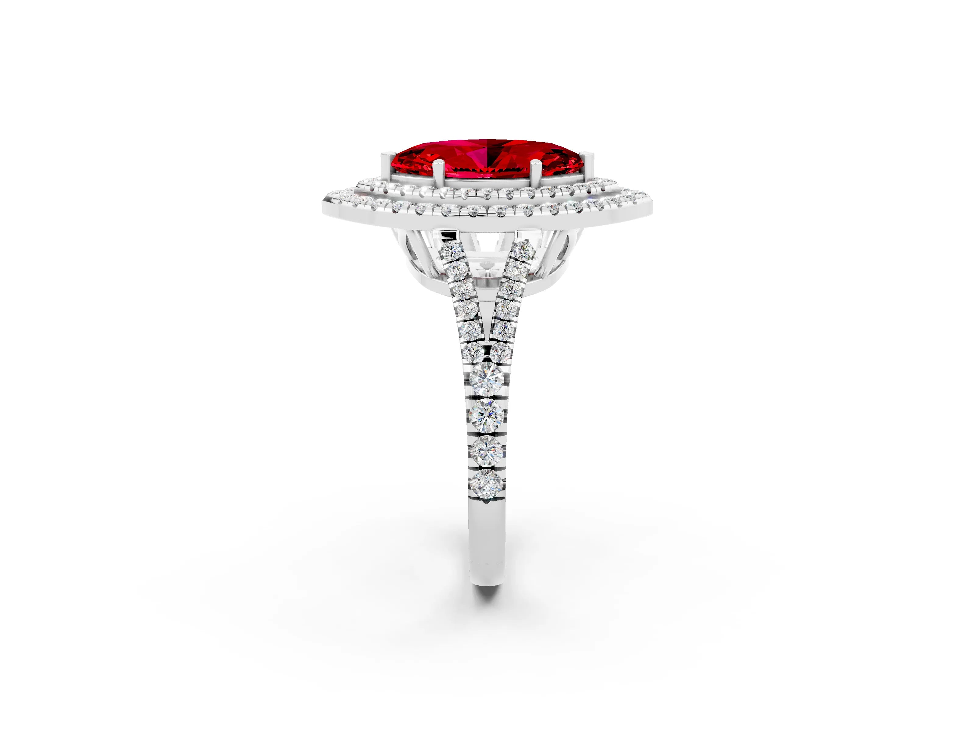 White gold Marquise Cut Ruby Double Halo Ring with Pavé Band and Prong Setting_14