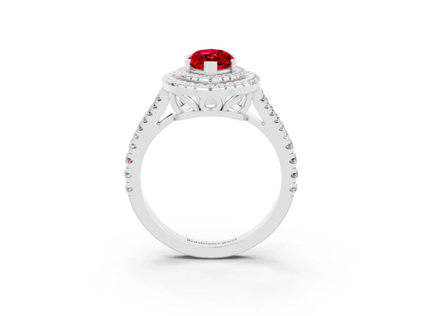 Platinum Marquise Cut Ruby Double Halo Ring with Pavé Band and Prong Setting
