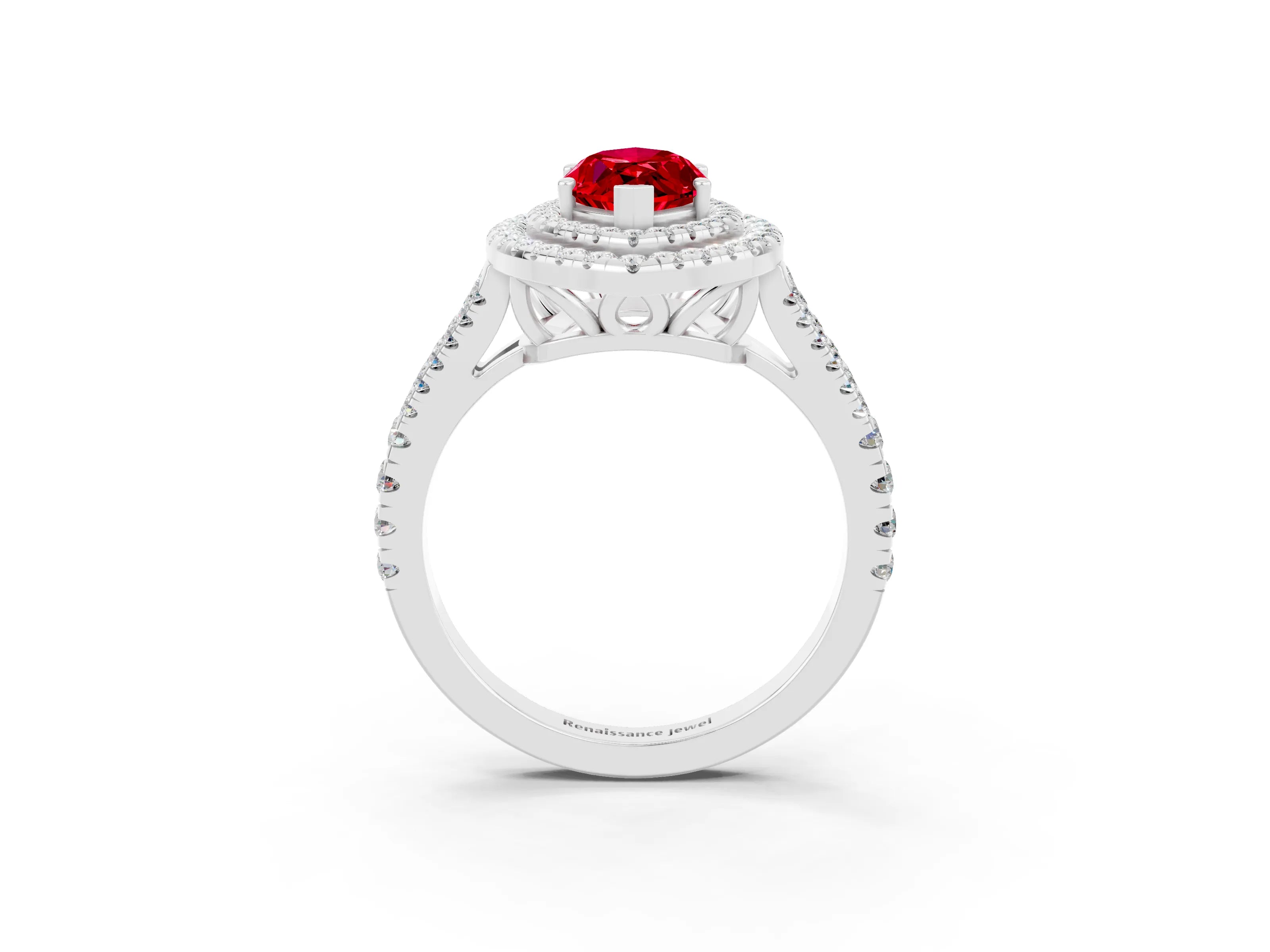 White gold Marquise Cut Ruby Double Halo Ring with Pavé Band and Prong Setting_15