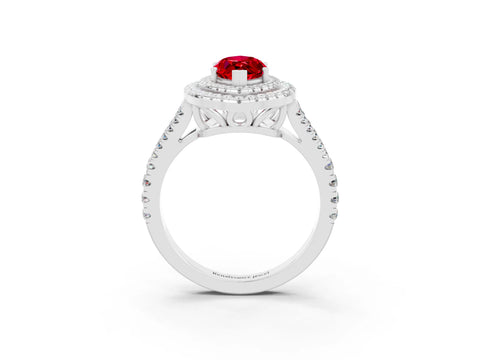 White gold Marquise Cut Ruby Double Halo Ring with Pavé Band and Prong Setting_15