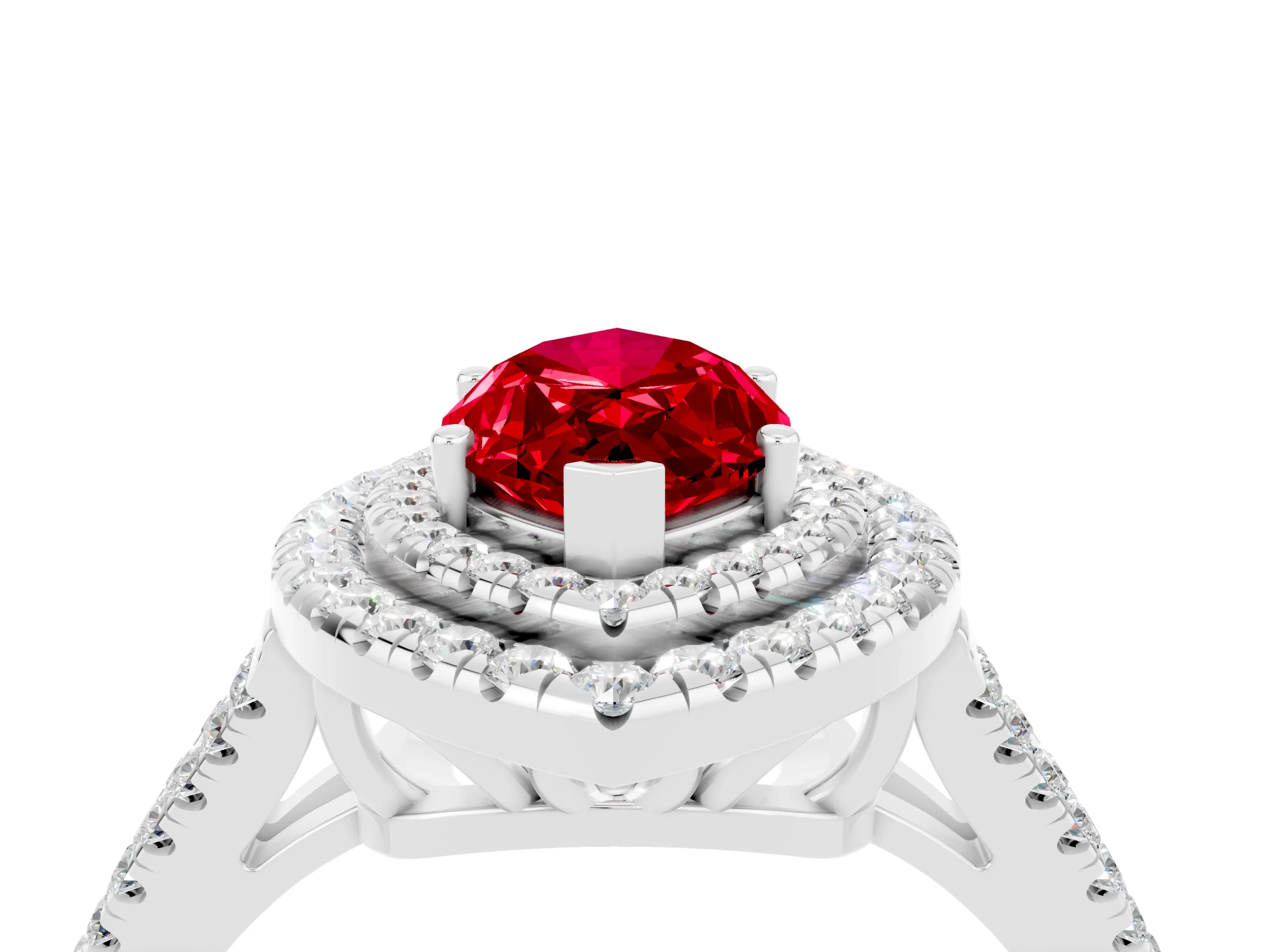 White gold Marquise Cut Ruby Double Halo Ring with Pavé Band and Prong Setting_16