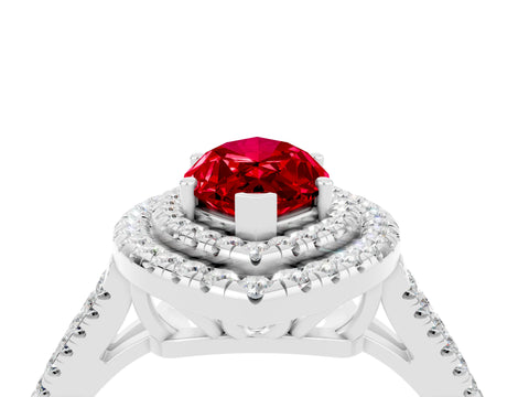 White gold Marquise Cut Ruby Double Halo Ring with Pavé Band and Prong Setting_16