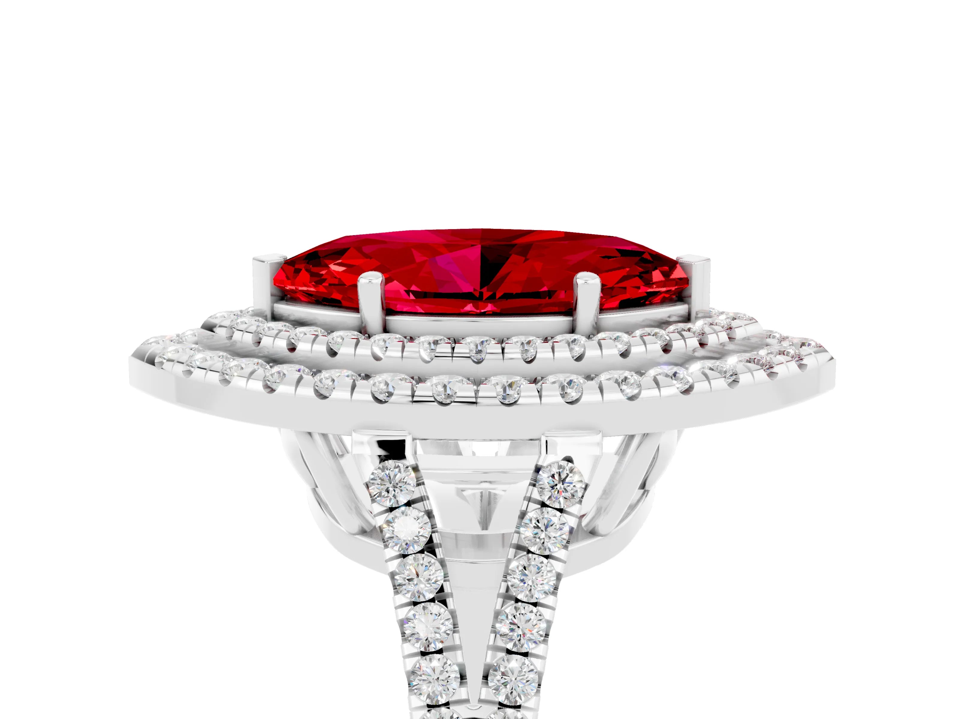 White gold Marquise Cut Ruby Double Halo Ring with Pavé Band and Prong Setting_17