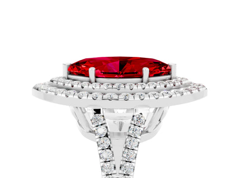 White gold Marquise Cut Ruby Double Halo Ring with Pavé Band and Prong Setting_17