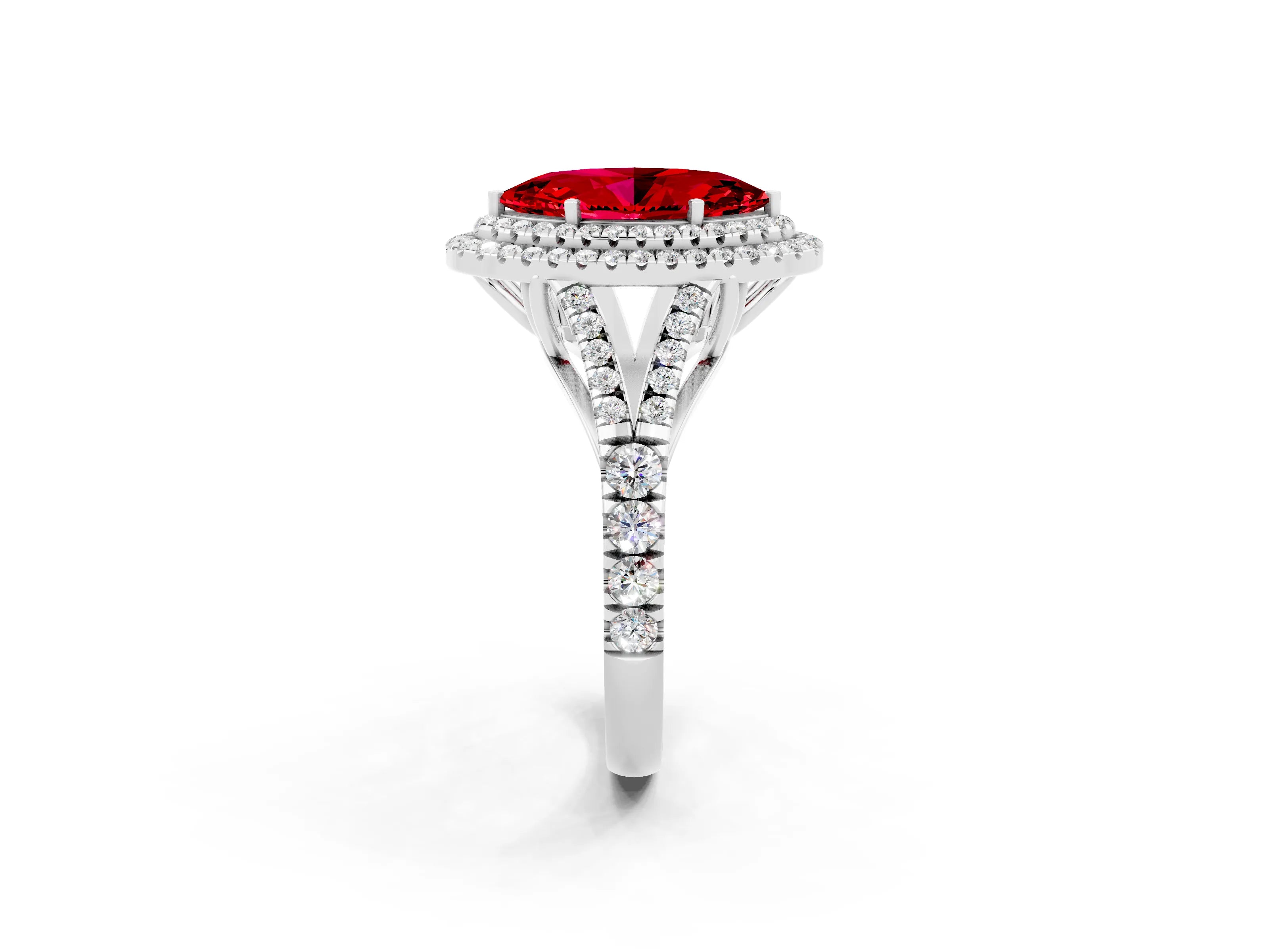 White gold Marquise Cut Ruby Double Halo Ring with Split Shank and Prong Setting_10