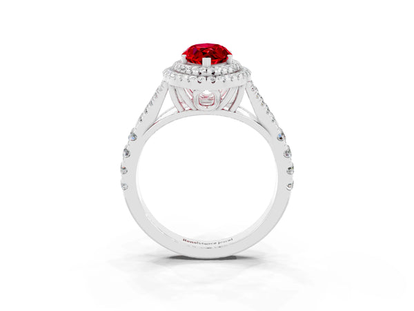Silver Marquise Cut Ruby Double Halo Ring with Split Shank and Prong Setting