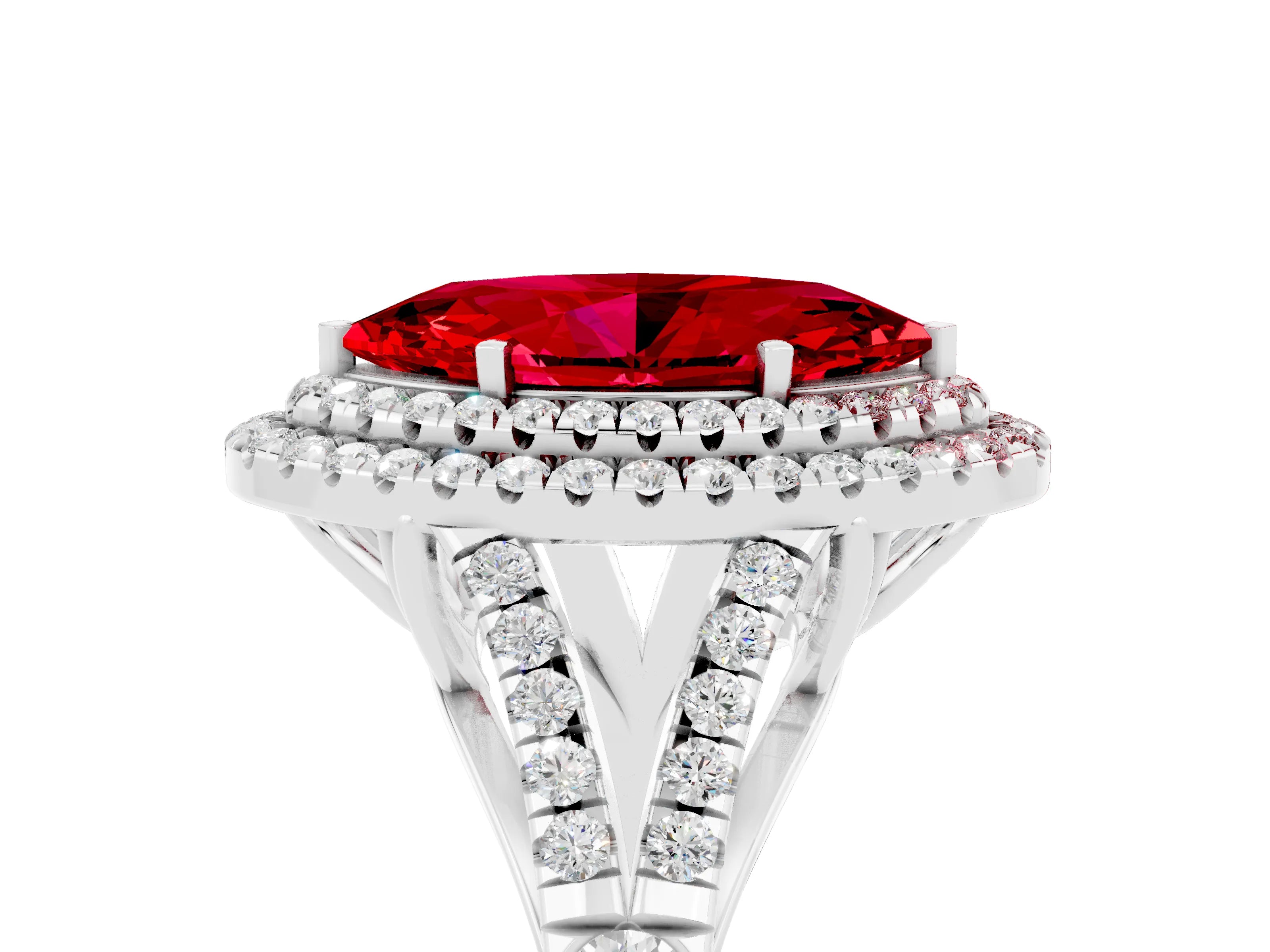 White gold Marquise Cut Ruby Double Halo Ring with Split Shank and Prong Setting_13