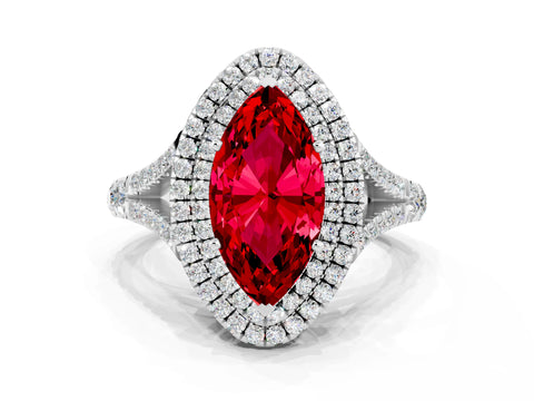 White gold Marquise Cut Ruby Double Halo Ring with Split Shank and Prong Setting_20