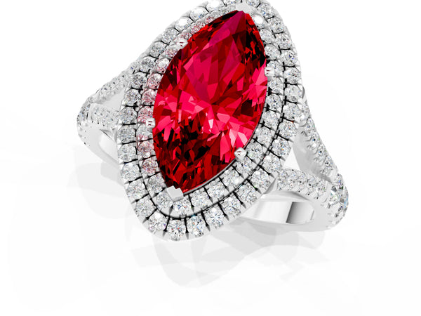 Platinum Marquise Cut Ruby Double Halo Ring with Split Shank and Prong Setting
