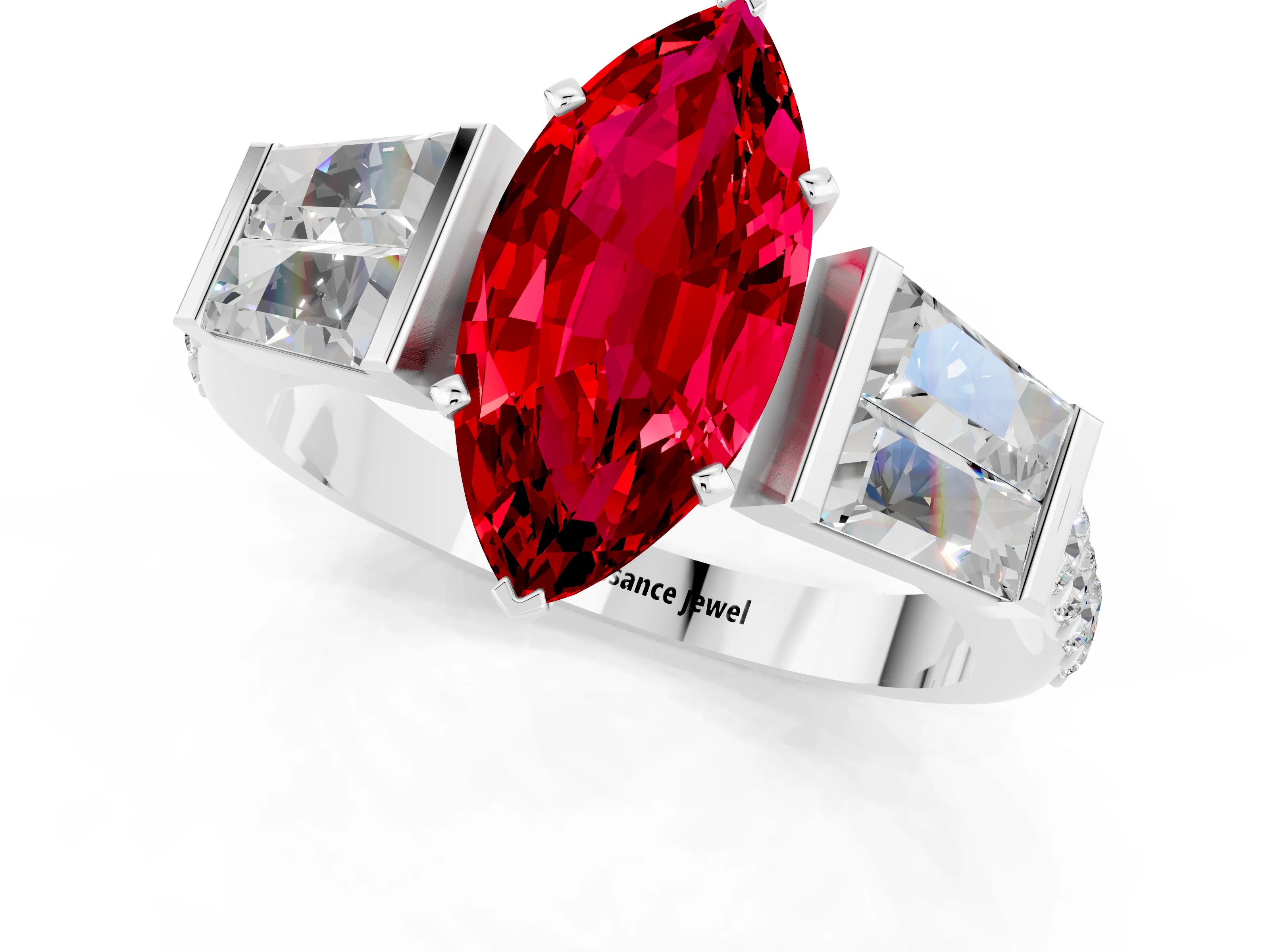 White gold Marquise Cut Ruby Engagement Ring with Baguette Side Stones and Channel Set Band_1
