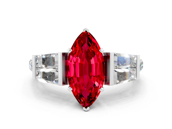 Silver Marquise Cut Ruby Engagement Ring with Baguette Side Stones and Channel Set Band