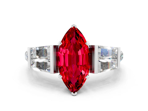 White gold Marquise Cut Ruby Engagement Ring with Baguette Side Stones and Channel Set Band