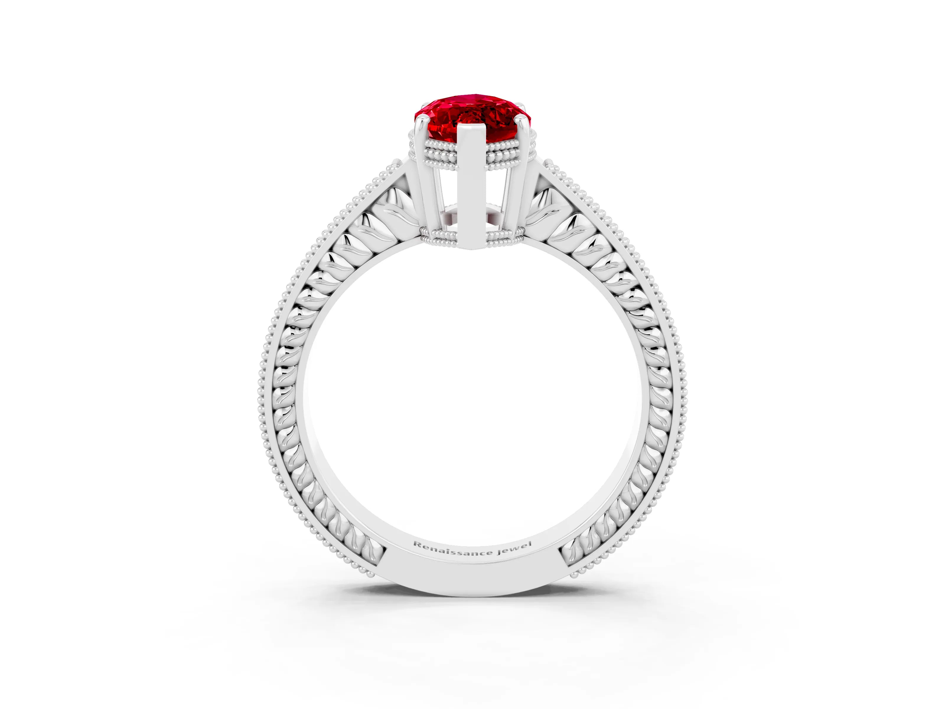 White gold Marquise Cut Ruby Engagement Ring with Milgrain Channel Set Band and Prong Setting_3