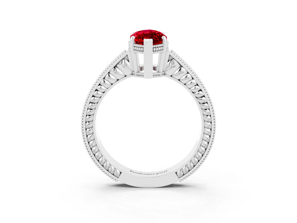 Platinum Marquise Cut Ruby Engagement Ring with Milgrain Channel Set Band and Prong Setting