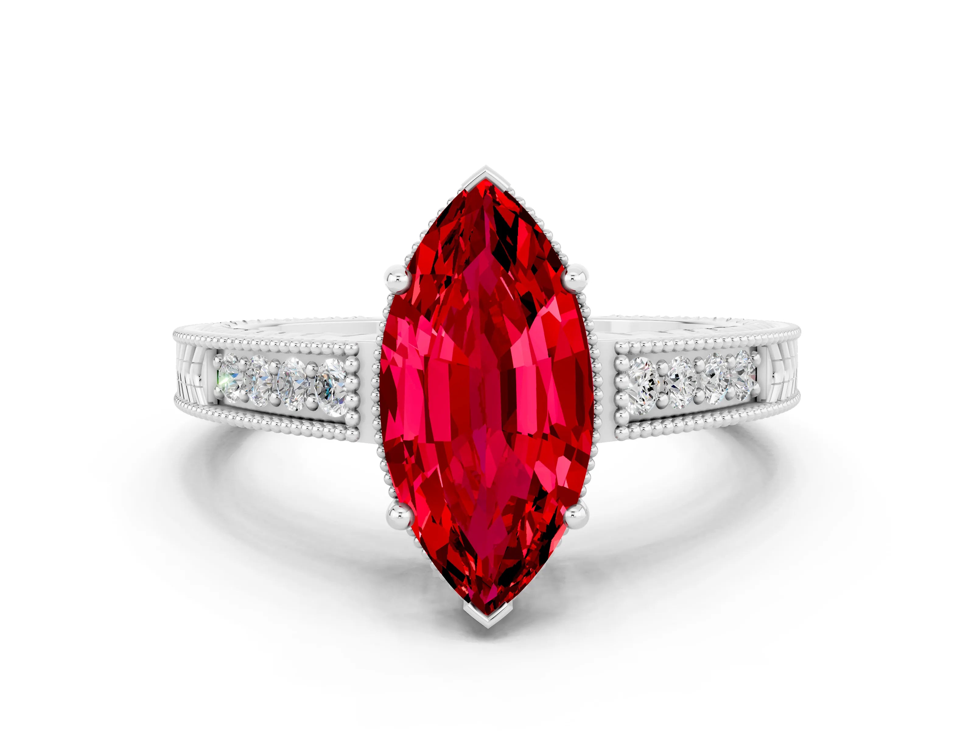 White gold Marquise Cut Ruby Engagement Ring with Milgrain Channel Set Band and Prong Setting