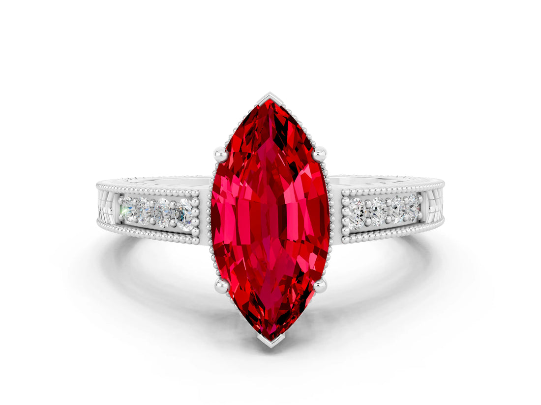 White gold Marquise Cut Ruby Engagement Ring with Milgrain Channel Set Band and Prong Setting