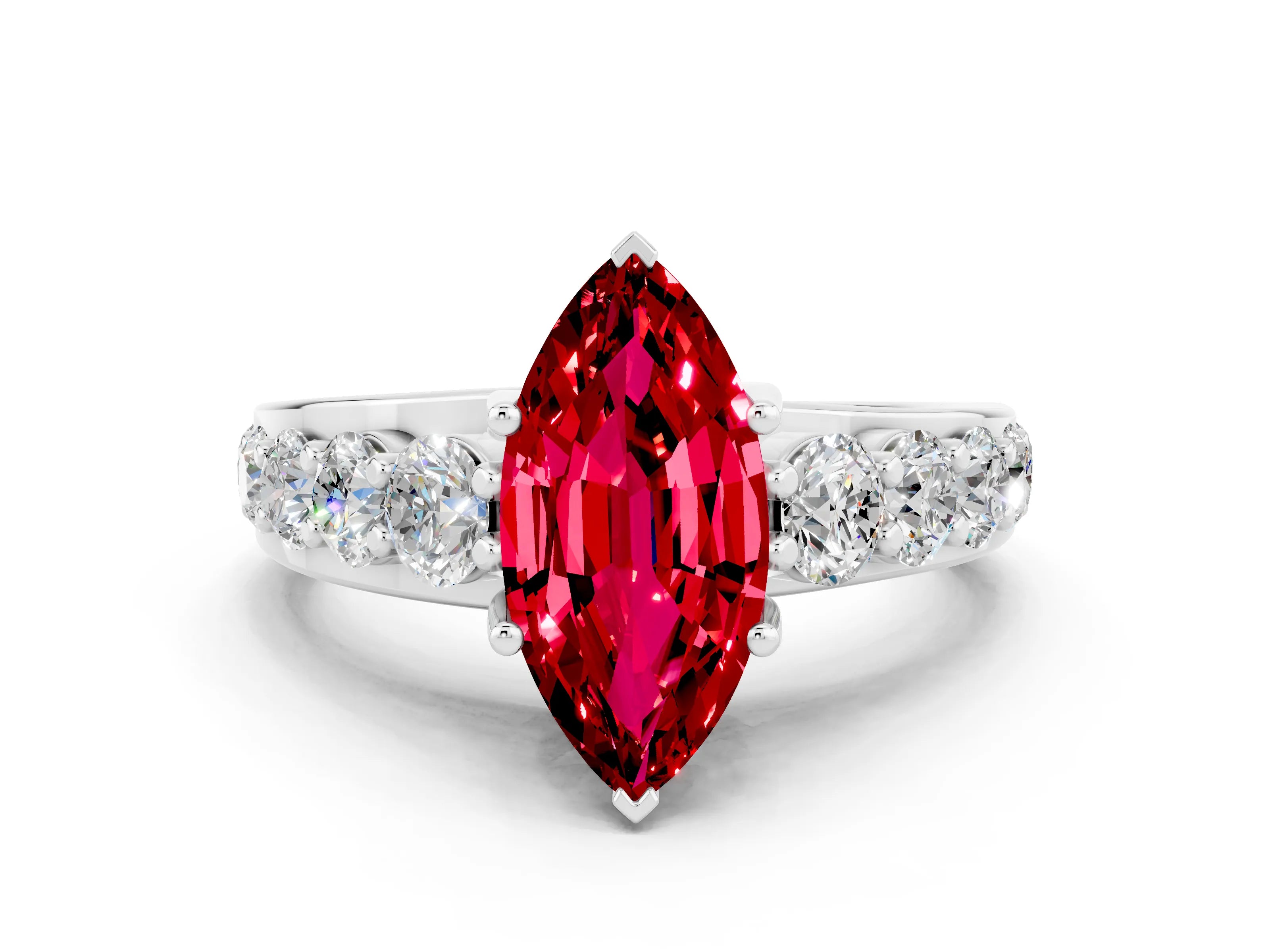 White gold Marquise Cut Ruby Engagement Ring with Pavé Band and Four-Prong Setting