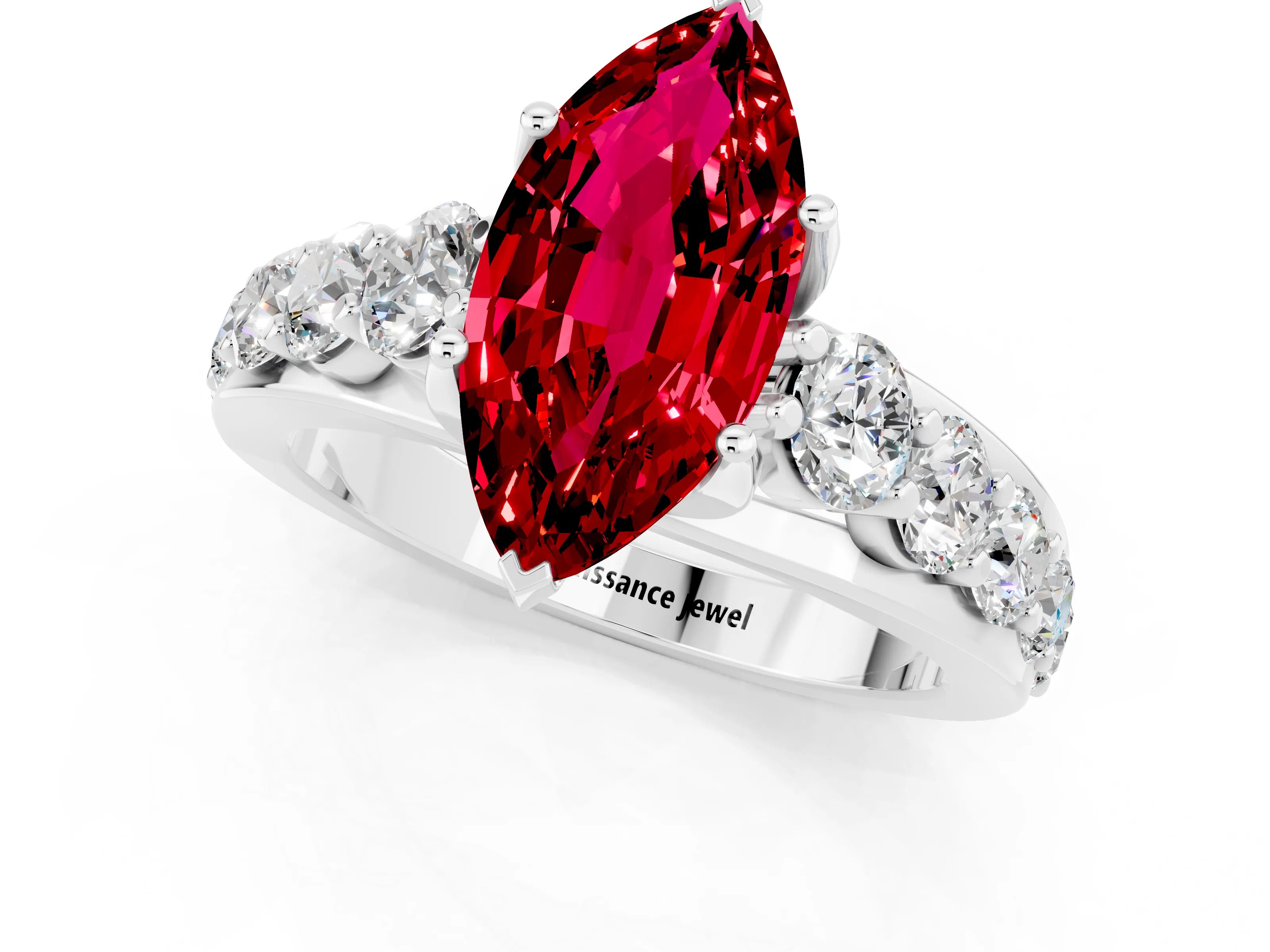 White gold Marquise Cut Ruby Engagement Ring with Pavé Band and Four-Prong Setting_1