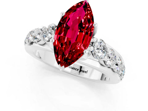 White gold Marquise Cut Ruby Engagement Ring with Pavé Band and Four-Prong Setting_1