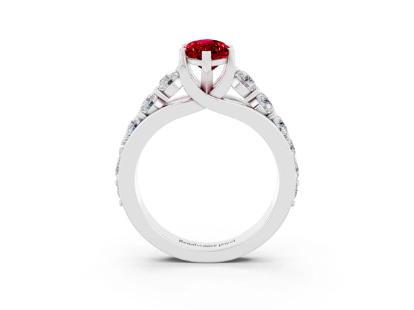 Platinum Marquise Cut Ruby Engagement Ring with Pavé Band and Four-Prong Setting