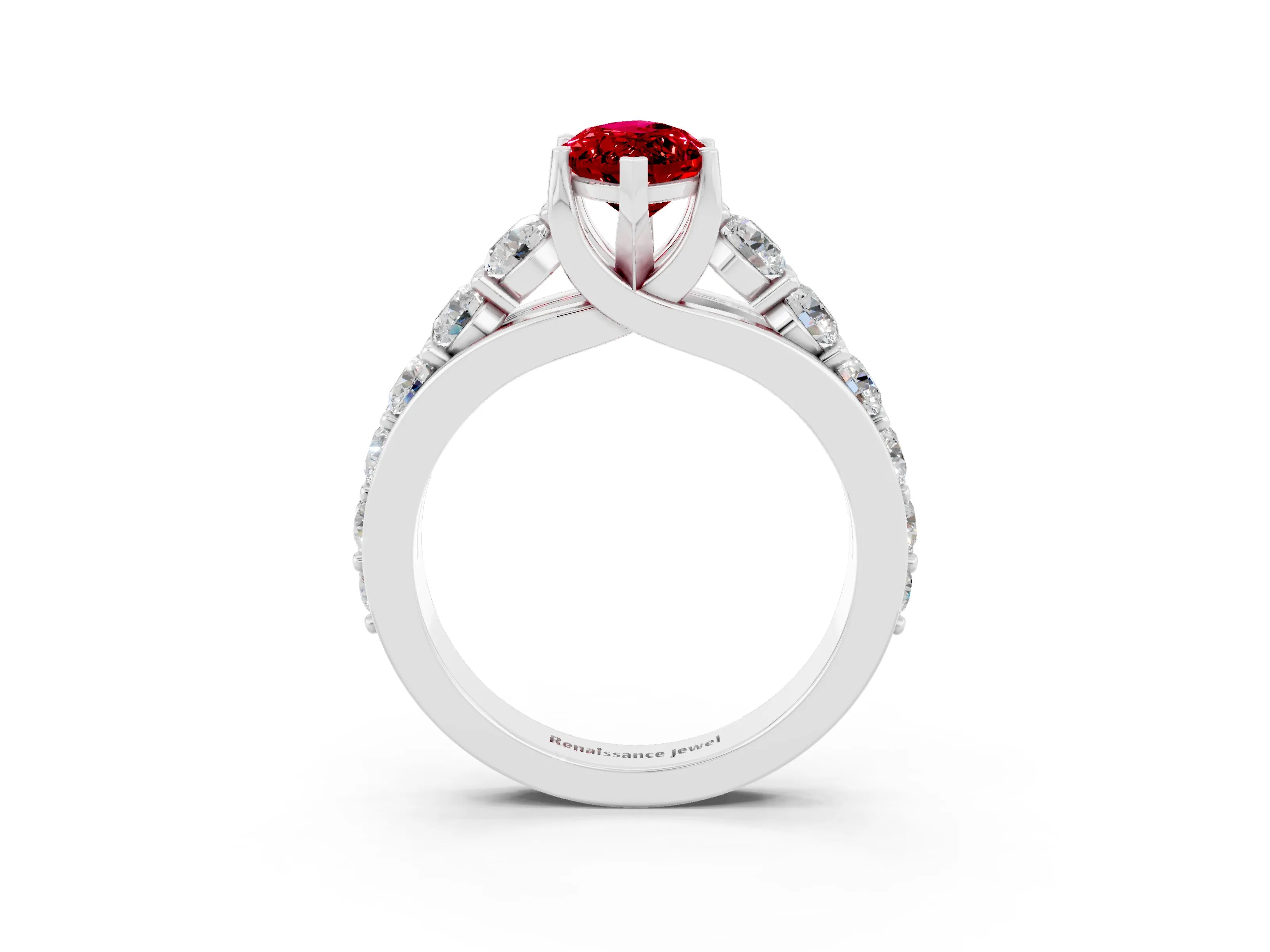 White gold Marquise Cut Ruby Engagement Ring with Pavé Band and Four-Prong Setting_3