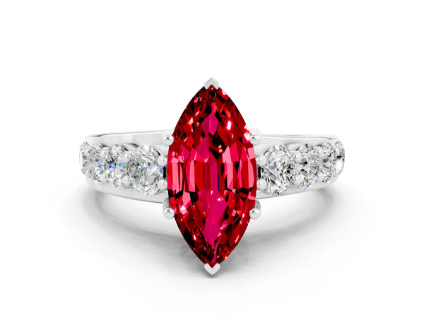Silver Marquise Cut Ruby Engagement Ring with Pavé Band and Four-Prong Setting