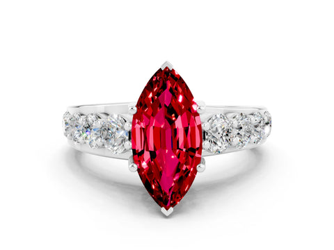 White gold Marquise Cut Ruby Engagement Ring with Pavé Band and Four-Prong Setting