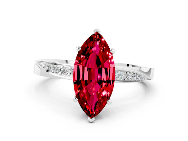 White gold Marquise Cut Ruby Engagement Ring with Side Stone Accents and Four-Prong Setting