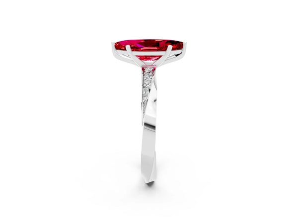 White gold Marquise Cut Ruby Engagement Ring with Side Stone Accents and Four-Prong Setting