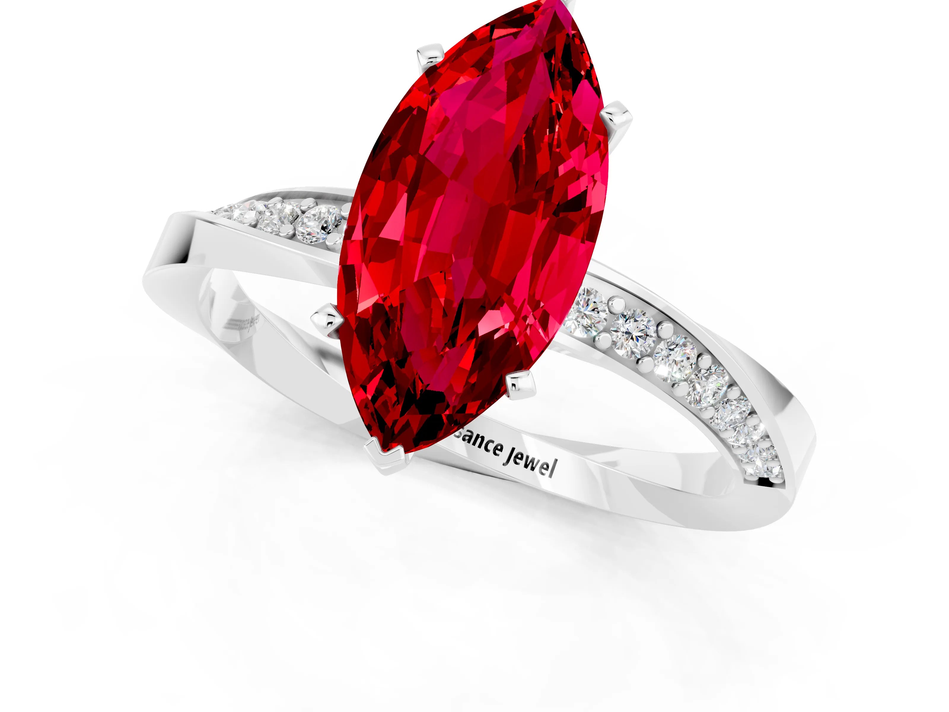 White gold Marquise Cut Ruby Engagement Ring with Side Stone Accents and Four-Prong Setting_28
