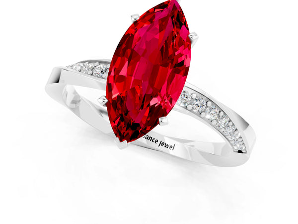 Silver Marquise Cut Ruby Engagement Ring with Side Stone Accents and Four-Prong Setting